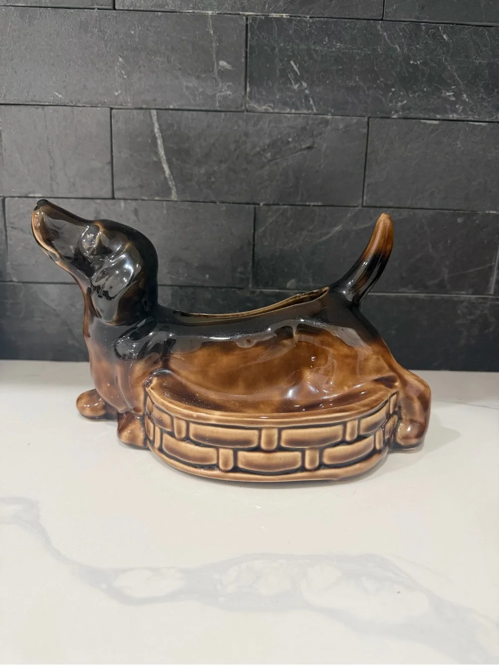 Antique Ceramic Dachshund Planter in Brown and Black